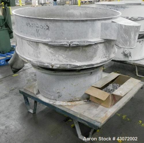 Used Sweco Screener, Model US48S888, 316 Stainless Steel. 48" Diameter, single deck, 2 separation. No top cover. Driven by a 2.5 hp, 3/60/230/460 volt, 1120 rpm motor. Mounted on a carbon steel base.