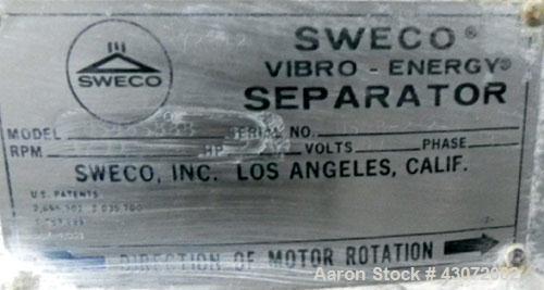 Used Sweco Screener, Model US48S888, 316 Stainless Steel. 48" Diameter, single deck, 2 separation. No top cover. Driven by a 2.5 hp, 3/60/230/460 volt, 1120 rpm motor. Mounted on a carbon steel base.