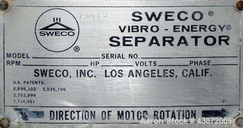 Used Sweco Screener, Model US48S888, 304 Stainless Steel. 48" Diameter, bottom deck only.Driven by a 2.5 hp, 3/60/230/460 volt, 1120 rpm motor. Mounted on a carbon steel base with a carbon steel fram...
