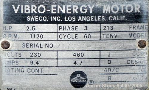 Used Sweco Screener, Model US48S888, 304 Stainless Steel. 48" Diameter, bottom deck only.Driven by a 2.5 hp, 3/60/230/460 volt, 1120 rpm motor. Mounted on a carbon steel base with a carbon steel fram...