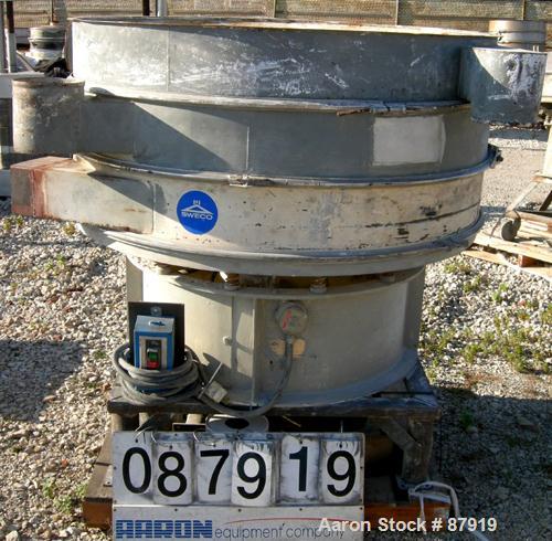 USED: Sweco screener, model US60C88D, carbon steel. 60" diameter, double deck, 3 separation. No top cover. Driven by a 2.5 hp, 3/60/230/460 volt, 1160 rpm motor. Mounted on a carbon steel base with a...