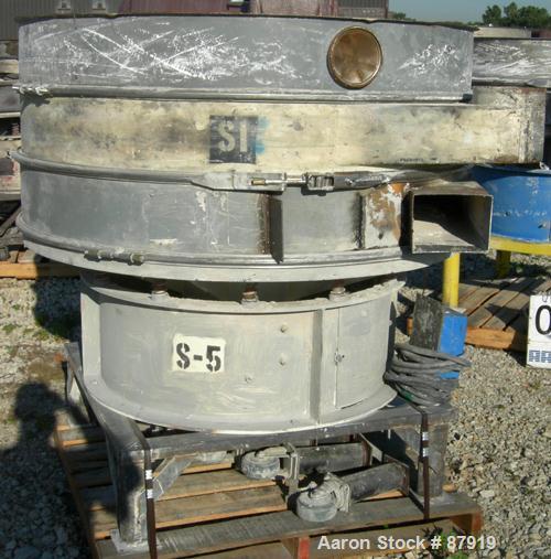 USED: Sweco screener, model US60C88D, carbon steel. 60" diameter, double deck, 3 separation. No top cover. Driven by a 2.5 hp, 3/60/230/460 volt, 1160 rpm motor. Mounted on a carbon steel base with a...
