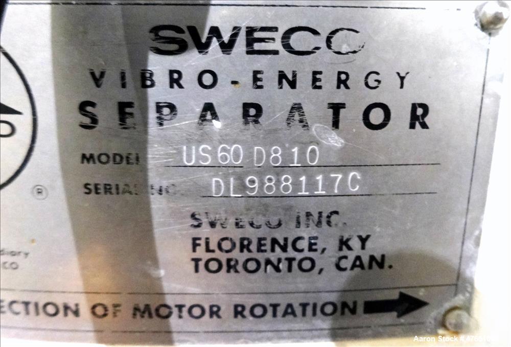Used Sweco Screener, Model US60D810, 304 Stainless Steel, 60" Diameter.