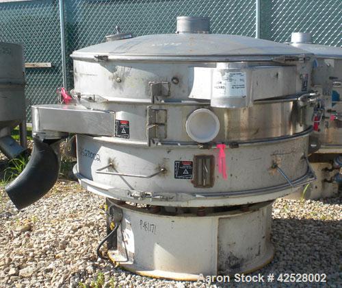 Used Sweco Screener, Model US60S1088-002, 316/304 Stainless Steel. 60" diameter, double deck, 3 separation, with top cover and slider ring cleaning deck. Driven by a 5 HP, 3/60/460 Volt, 1160 RPM mot...