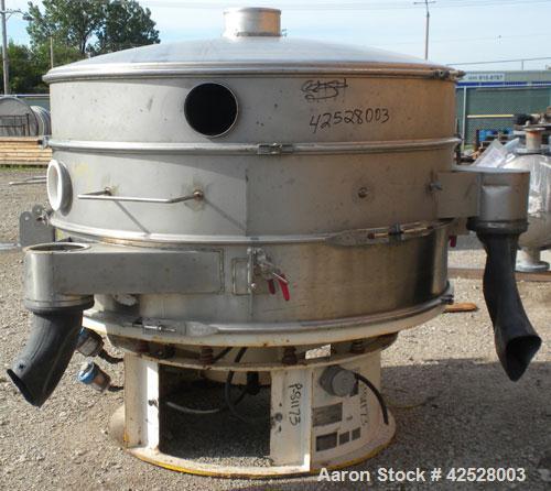 Used Sweco Screener, Model US60S1088-002. 304/316 Stainless Steel. 60" diameter, double deck, 3 separation, with top cover and slider ring cleaning deck. Driven by a 5 HP, 3/60/230/460 Volt, 1160 RPM...