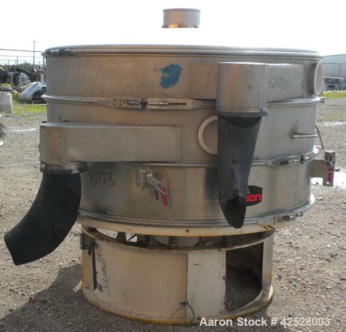 Used Sweco Screener, Model US60S1088-002. 304/316 Stainless Steel. 60" diameter, double deck, 3 separation, with top cover and slider ring cleaning deck. Driven by a 5 HP, 3/60/230/460 Volt, 1160 RPM...