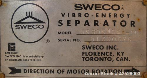 Used Sweco Screener, Model US60S1088-002. 304/316 Stainless Steel. 60" diameter, double deck, 3 separation, with top cover and slider ring cleaning deck. Driven by a 5 HP, 3/60/230/460 Volt, 1160 RPM...