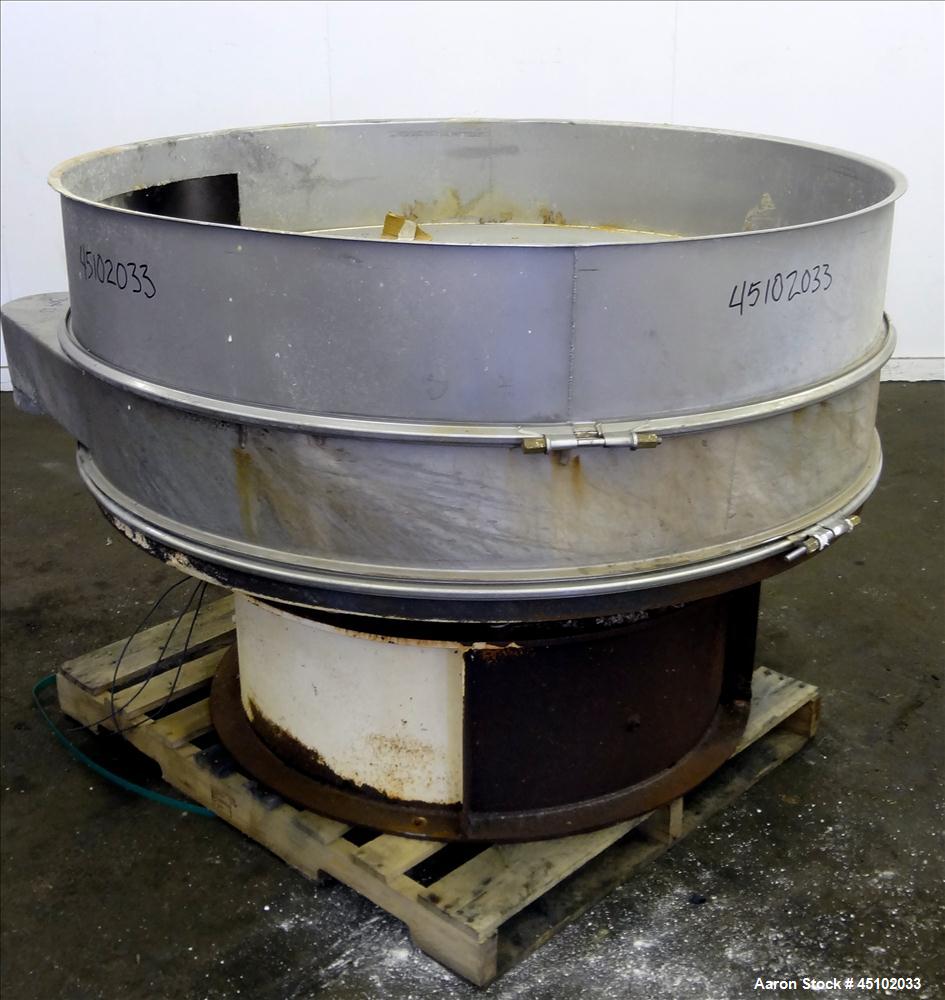 Used Sweco Screener, 60" Diameter, Model US60S810, Stainless Steel. Single deck, 2 separation, no top cover. Driven by a 2-1/2hp, 3/60/230/460 volt, 1200 rpm motor. Mounted on a carbon steel base.