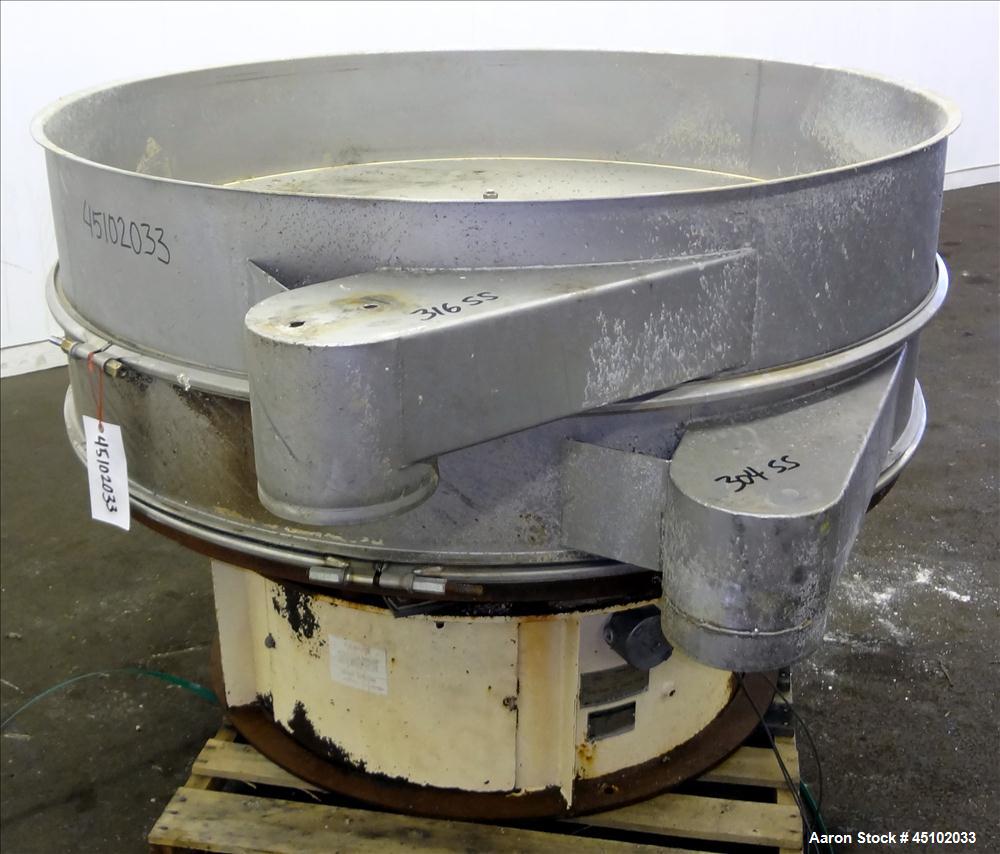 Used Sweco Screener, 60" Diameter, Model US60S810, Stainless Steel. Single deck, 2 separation, no top cover. Driven by a 2-1/2hp, 3/60/230/460 volt, 1200 rpm motor. Mounted on a carbon steel base.