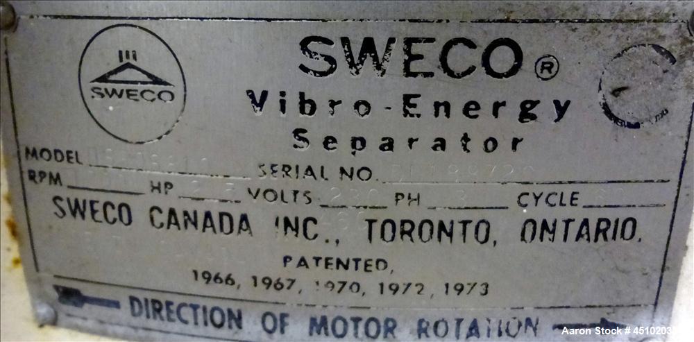 Used Sweco Screener, 60" Diameter, Model US60S810, Stainless Steel. Single deck, 2 separation, no top cover. Driven by a 2-1/2hp, 3/60/230/460 volt, 1200 rpm motor. Mounted on a carbon steel base.