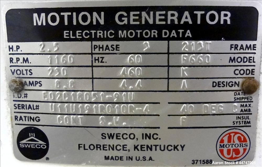 Used Sweco Screener, Model US60S888-022, 304 Stainless Steel. 60" Diameter, single deck, 2 separation, no top cover. Driven by a 2.5hp, 3/60/230/460 volt, 1160 rpm motor. Mounted on a carbon steel ba...