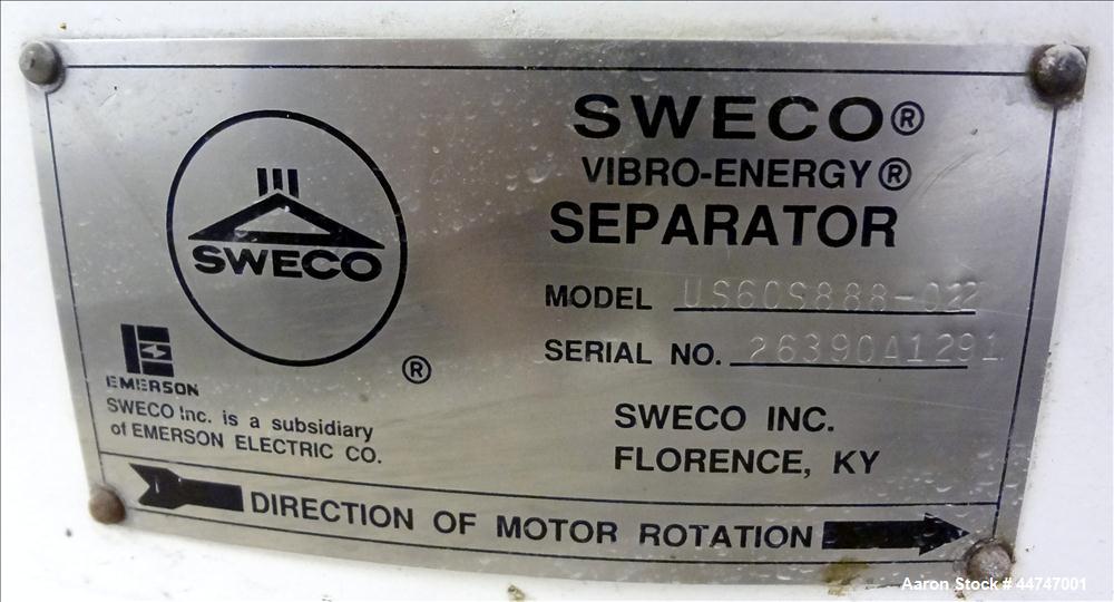 Used Sweco Screener, Model US60S888-022, 304 Stainless Steel. 60" Diameter, single deck, 2 separation, no top cover. Driven by a 2.5hp, 3/60/230/460 volt, 1160 rpm motor. Mounted on a carbon steel ba...