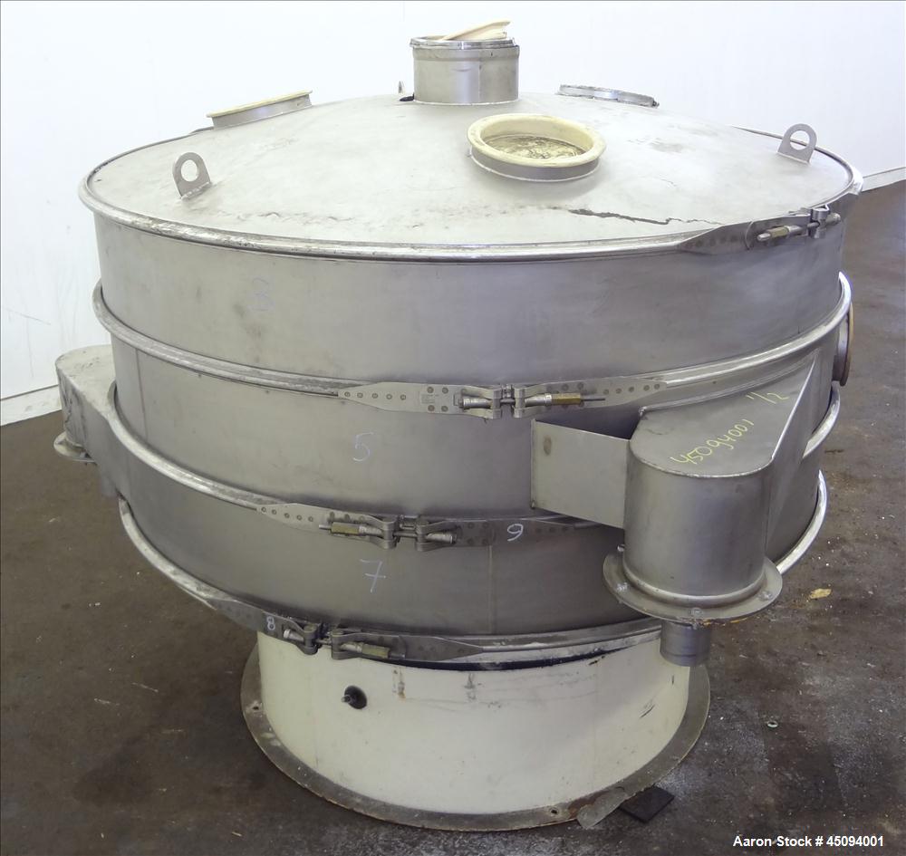 Used Sweco Screener, Model US60S888-C, 304 Stainless Steel. 60" Diameter, double deck, 3 separation with slider ring deck and top cover. Driven by a 1.85kw (2.5hp), 3/60/460 volt, 1410 rpm motor. Mou...