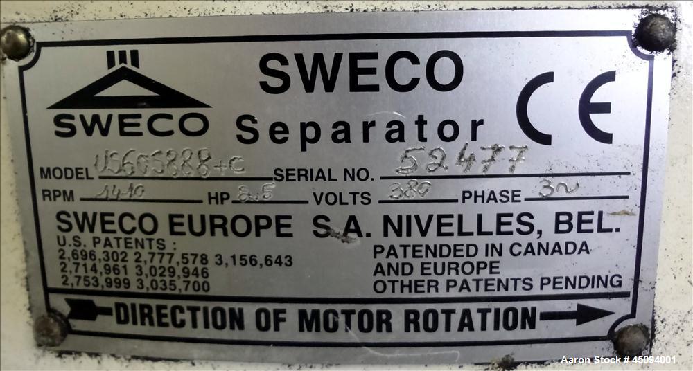Used Sweco Screener, Model US60S888-C, 304 Stainless Steel. 60" Diameter, double deck, 3 separation with slider ring deck and top cover. Driven by a 1.85kw (2.5hp), 3/60/460 volt, 1410 rpm motor. Mou...