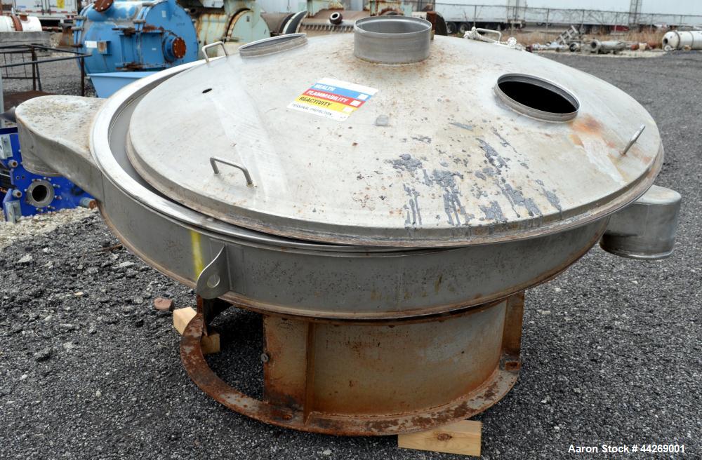 Used Sweco Screener, Model US72108, 316 Stainless Steel. 72” Diameter, single deck, 2 separation, with top cover. Driven by a 5hp, 3/60/230/460 volt, 1200 rpm motor. Mounted on a carbon steel base. M...