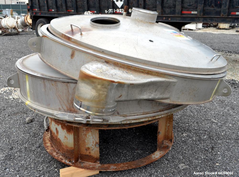 Used Sweco Screener, Model US72108, 316 Stainless Steel. 72” Diameter, single deck, 2 separation, with top cover. Driven by a 5hp, 3/60/230/460 volt, 1200 rpm motor. Mounted on a carbon steel base. M...