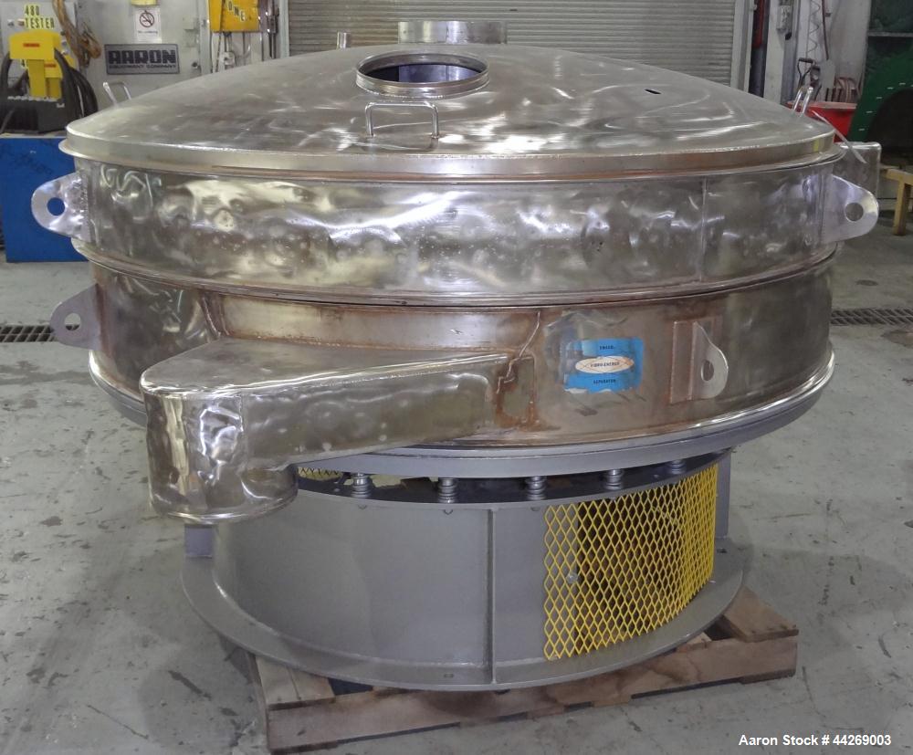 Used Sweco Screener, Model US72108, 316 Stainless Steel. 72” Diameter, single deck, 2 separation, with top cover. Driven by a 5hp, 3/60/230/460 volt, 1200 rpm motor. Mounted on a carbon steel base. M...