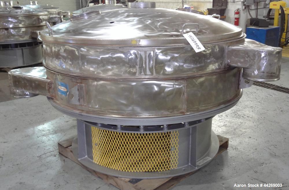 Used Sweco Screener, Model US72108, 316 Stainless Steel. 72” Diameter, single deck, 2 separation, with top cover. Driven by a 5hp, 3/60/230/460 volt, 1200 rpm motor. Mounted on a carbon steel base. M...