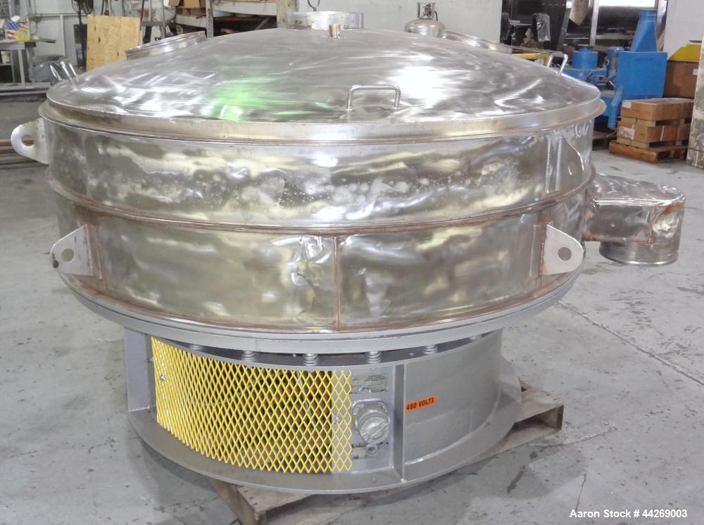 Used Sweco Screener, Model US72108, 316 Stainless Steel. 72” Diameter, single deck, 2 separation, with top cover. Driven by a 5hp, 3/60/230/460 volt, 1200 rpm motor. Mounted on a carbon steel base. M...