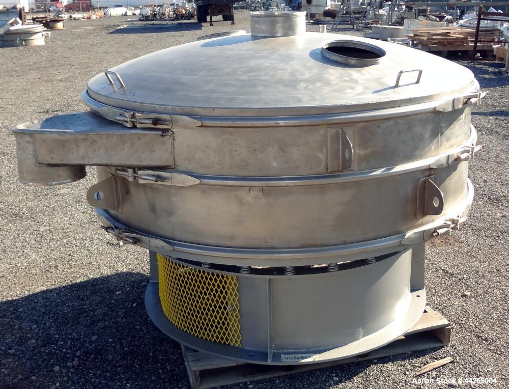 Used Sweco Screener, Model US72108, 316 Stainless Steel. 72” Diameter, single deck, 2 separation, with top cover. Driven by a 5hp, 3/60/230/460 volt, 1200 rpm motor. Mounted on a carbon steel base. M...