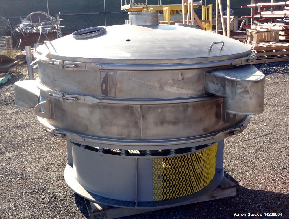 Used Sweco Screener, Model US72108, 316 Stainless Steel. 72” Diameter, single deck, 2 separation, with top cover. Driven by a 5hp, 3/60/230/460 volt, 1200 rpm motor. Mounted on a carbon steel base. M...