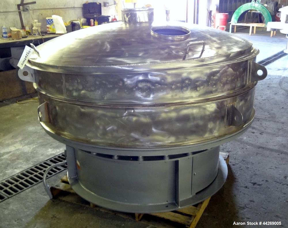 Used Sweco Screener, Model US72108, 316 Stainless Steel. 72” Diameter, single deck, 2 separation, with top cover. Driven by a 5hp, 3/60/230/460 volt, 1200 rpm motor. Mounted on a carbon steel base. M...