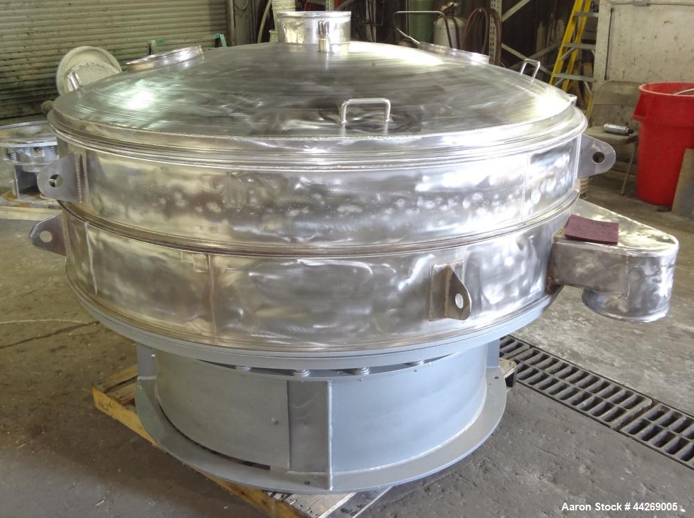 Used Sweco Screener, Model US72108, 316 Stainless Steel. 72” Diameter, single deck, 2 separation, with top cover. Driven by a 5hp, 3/60/230/460 volt, 1200 rpm motor. Mounted on a carbon steel base. M...