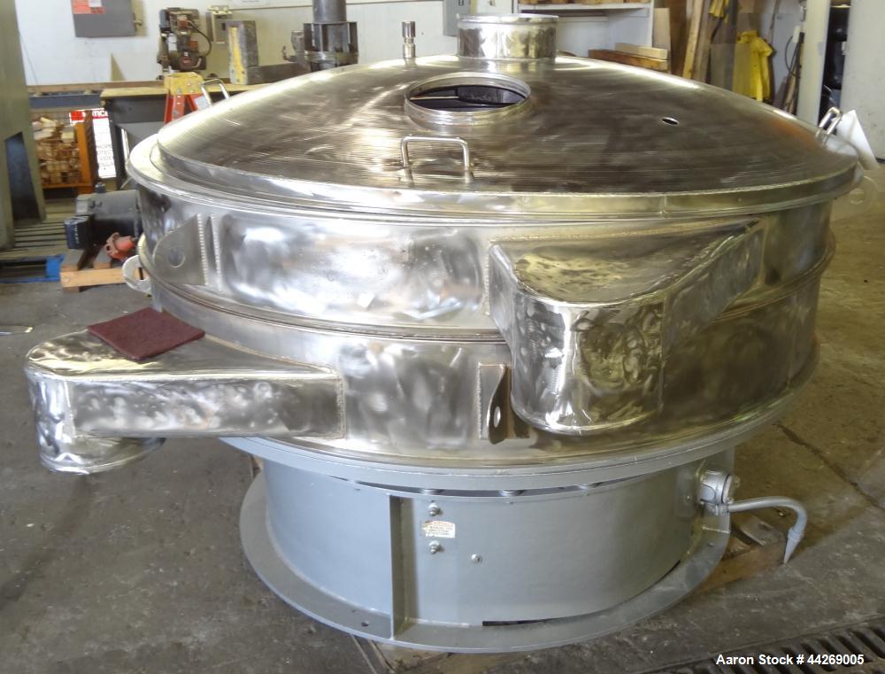 Used Sweco Screener, Model US72108, 316 Stainless Steel. 72” Diameter, single deck, 2 separation, with top cover. Driven by a 5hp, 3/60/230/460 volt, 1200 rpm motor. Mounted on a carbon steel base. M...