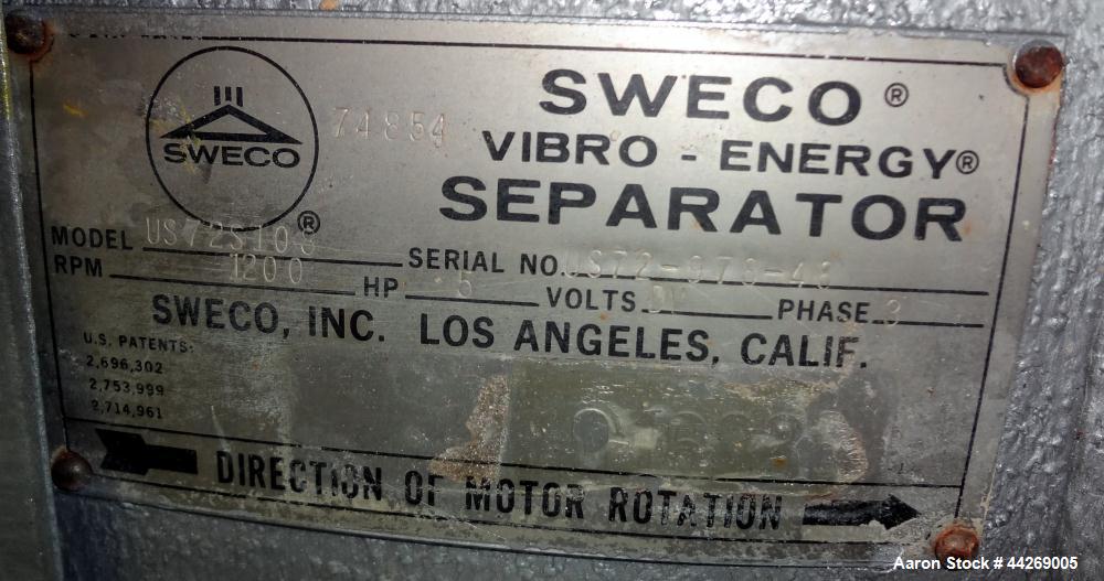 Used Sweco Screener, Model US72108, 316 Stainless Steel. 72” Diameter, single deck, 2 separation, with top cover. Driven by a 5hp, 3/60/230/460 volt, 1200 rpm motor. Mounted on a carbon steel base. M...