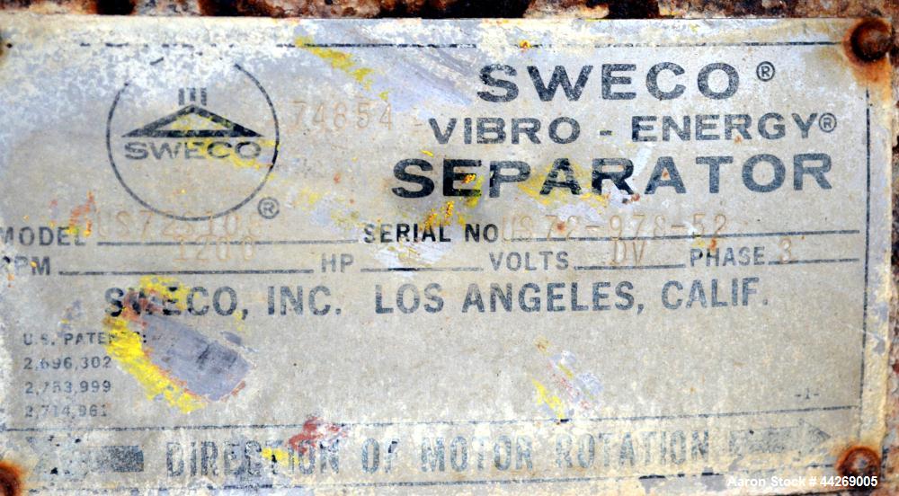 Used Sweco Screener, Model US72108, 316 Stainless Steel. 72” Diameter, single deck, 2 separation, with top cover. Driven by a 5hp, 3/60/230/460 volt, 1200 rpm motor. Mounted on a carbon steel base. M...