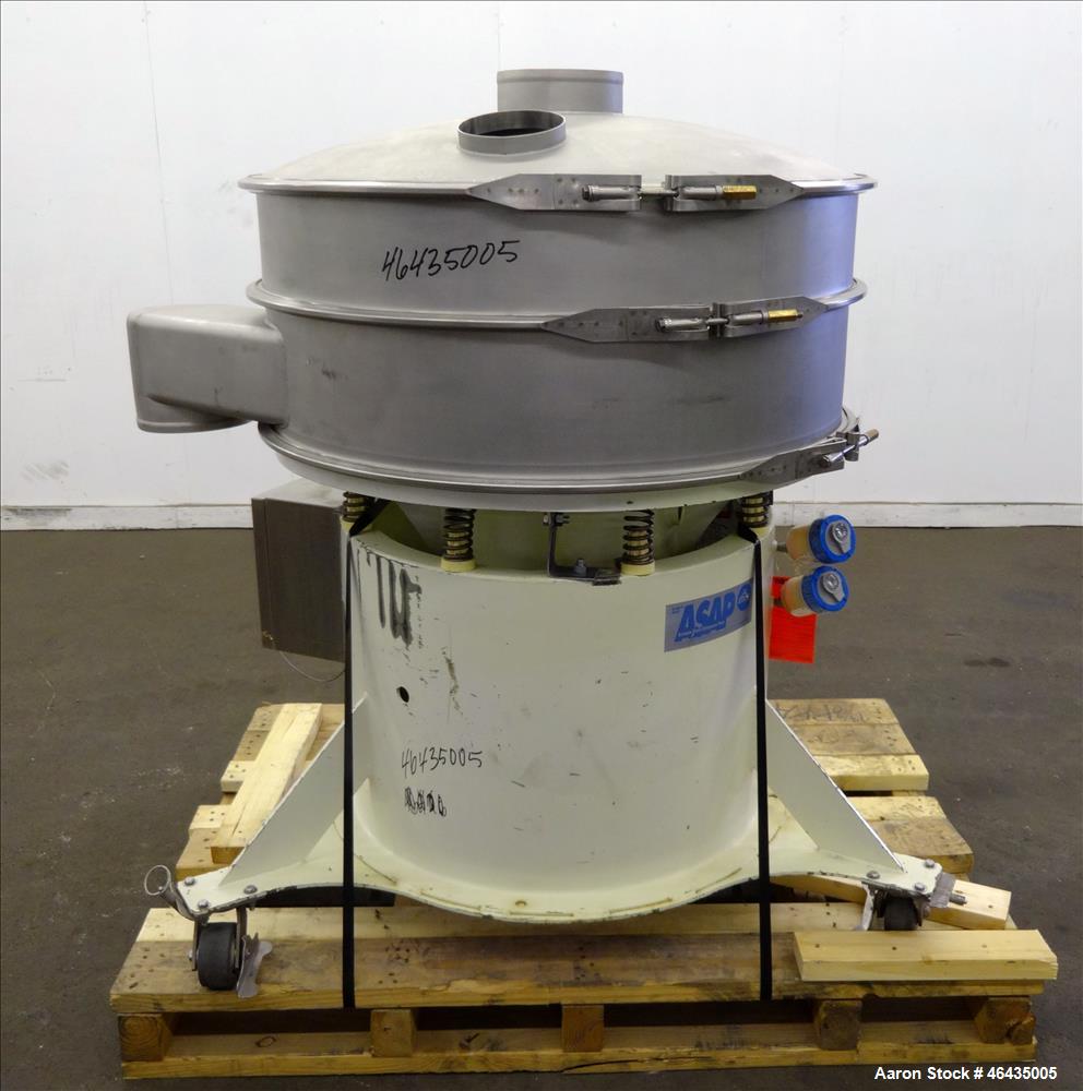 Used Sweco Screener, Model XS40Y86CBP7TLWCXB, 316 Stainless Steel. 40" Diameter. 2 Decks, 1 separation. Driven by 2.5hp, 3/60/460 volt, 1160 rpm. Mounted on carbon steel base with casters. Serial# 31...