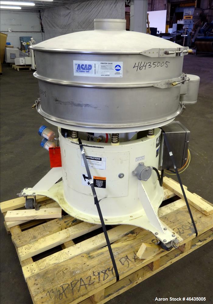 Used Sweco Screener, Model XS40Y86CBP7TLWCXB, 316 Stainless Steel. 40" Diameter. 2 Decks, 1 separation. Driven by 2.5hp, 3/60/460 volt, 1160 rpm. Mounted on carbon steel base with casters. Serial# 31...