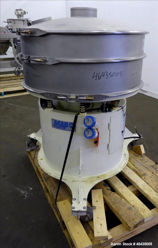 Used Sweco Screener, Model XS40Y86CBP7TLWCXB, 316 Stainless Steel. 40" Diameter. 2 Decks, 1 separation. Driven by 2.5hp, 3/60/460 volt, 1160 rpm. Mounted on carbon steel base with casters. Serial# 31...