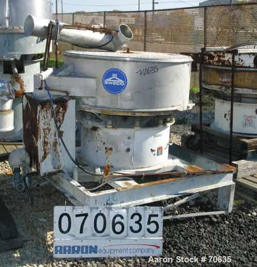 Used Sweco 48" Single Deck Scalper Unit, Model XS48S158, Stainless Steel. Includes a cleaning deck (no rings). Driven by a 2-1/2 HP, 3/60/230/460 Volt, 1155 RPM motor. Mounted on a 5' x 5' x 18" high...