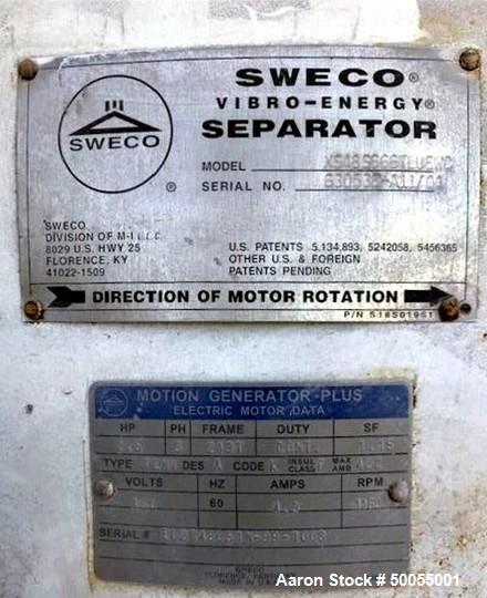 Used- Sweco Separator, Model XS48S666TLUEWC, Stainless Steel.