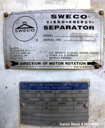 Used Sweco Separator, Model XS48S666TLUEWC, Stainless Steel.
