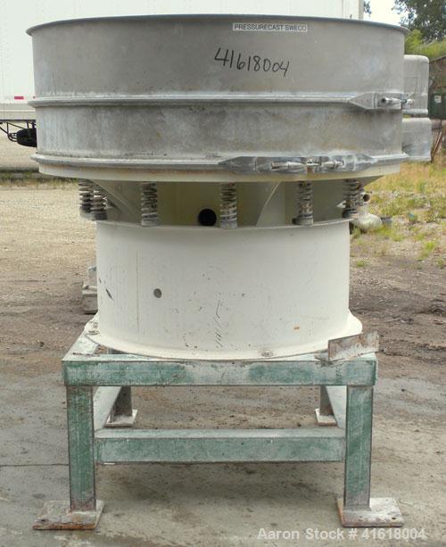 Used Sweco Screener, Model XS48S68, 304 Stainless Steel. 48" diameter, single deck, 2 separation, no top cover. Driven by a 2-1/2 hp, 3/60/460 volt, 1730 rpm motor. Mounted on a 19" high carbon steel...