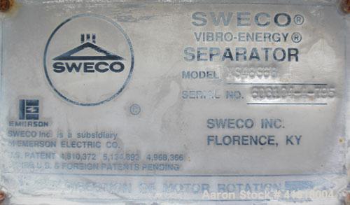Used Sweco Screener, Model XS48S68, 304 Stainless Steel. 48" diameter, single deck, 2 separation, no top cover. Driven by a 2-1/2 hp, 3/60/460 volt, 1730 rpm motor. Mounted on a 19" high carbon steel...