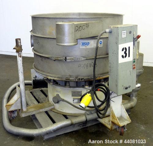 Used Sweco Screener, Model XS48S888, 304 Stainless Steel. 48” Diameter, double deck, 3 separation, no top cover. Driven by a 2.5 hp, 3/60/460 volt, 1160 rpm motor. Mounted on a carbon steel base with...
