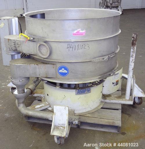 Used Sweco Screener, Model XS48S888, 304 Stainless Steel. 48” Diameter, double deck, 3 separation, no top cover. Driven by a 2.5 hp, 3/60/460 volt, 1160 rpm motor. Mounted on a carbon steel base with...