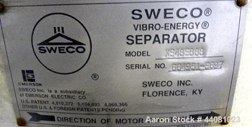 Used Sweco Screener, Model XS48S888, 304 Stainless Steel. 48” Diameter, double deck, 3 separation, no top cover. Driven by a 2.5 hp, 3/60/460 volt, 1160 rpm motor. Mounted on a carbon steel base with...
