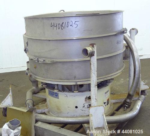 Used Sweco Screener, Model XS48S888, 304 Stainless Steel. 48” Diameter, double deck, 3 separation, no top cover. Driven by a 2.5 hp, 3/60/460 volt, 1160 rpm motor. Mounted on a carbon steel base with...