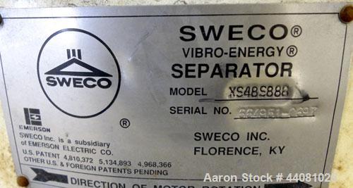 Used Sweco Screener, Model XS48S888, 304 Stainless Steel. 48” Diameter, double deck, 3 separation, no top cover. Driven by a 2.5 hp, 3/60/460 volt, 1160 rpm motor. Mounted on a carbon steel base with...