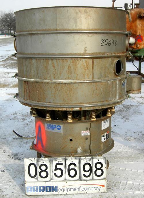 Used Sweco Screener, Model XS48S888, 304 stainless steel. 48" diameter, triple deck, 4 separation, no top cover. Driven by a 2.5 hp, 3/60/460 volt, 1155 rpm motor. Mounted on a carbon steel base.