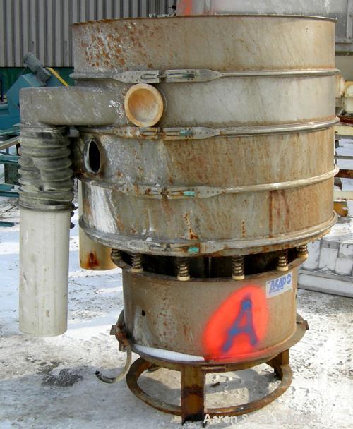 Used Sweco Screener, Model XS48S888, 304 stainless steel. 48" diameter, triple deck, 4 separation, no top cover. Driven by a 2.5 hp, 3/60/460 volt, 1155 rpm motor. Mounted on a carbon steel base.