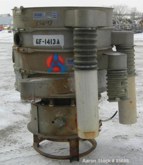 Used Sweco Screener, Model XS48S888, 304 stainless steel. 48" diameter, triple deck, 4 separation, no top cover. Driven by a 2.5 hp, 3/60/460 volt, 1155 rpm motor. Mounted on a carbon steel base.