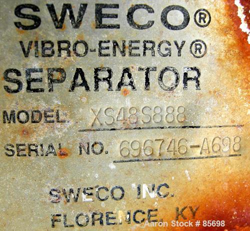 Used Sweco Screener, Model XS48S888, 304 stainless steel. 48" diameter, triple deck, 4 separation, no top cover. Driven by a 2.5 hp, 3/60/460 volt, 1155 rpm motor. Mounted on a carbon steel base.