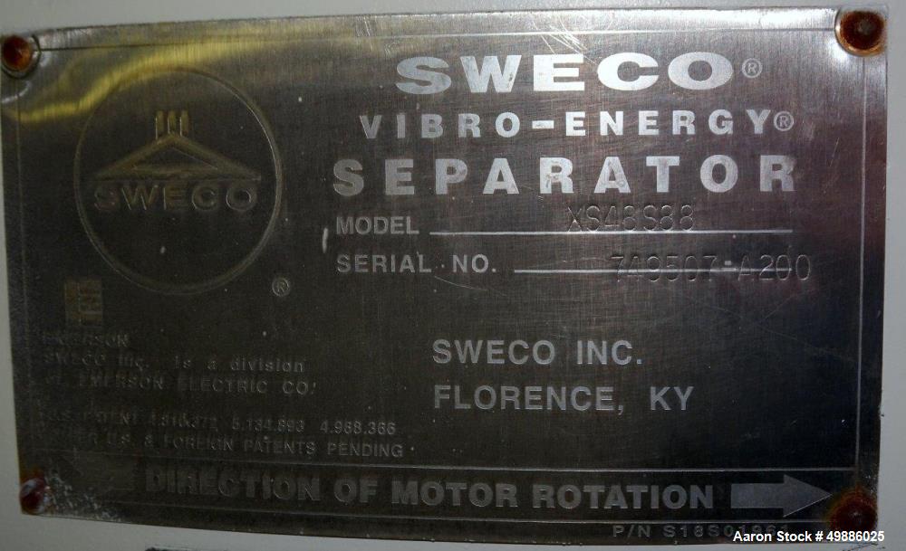 Used Sweco 48" Diameter Vibratory Screener, Model XS48S88, Stainless Steel. Single deck, 2 separation. Includes a top cover. Driven by a 2.5 hp, 3/60/460 volt, 1160 rpm motor. Mounted on a carbon ste...