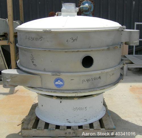 Used Sweco screener, model XS60810S, 304 stainless steel. 60" diameter, double deck, 3 separation. Plastic top cover. Driven by a 2.5 hp, 3/60/460 volt, 1140 rpm motor. Mounted on a carbon steel base.