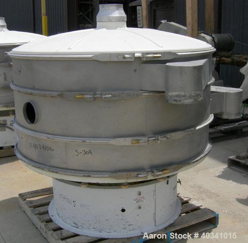 Used Sweco screener, model XS60810S, 304 stainless steel. 60" diameter, double deck, 3 separation. Plastic top cover. Driven by a 2.5 hp, 3/60/460 volt, 1140 rpm motor. Mounted on a carbon steel base.